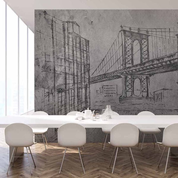 Karakalem Çizim Gri Zeminde Köprü Duvar Kağıdı