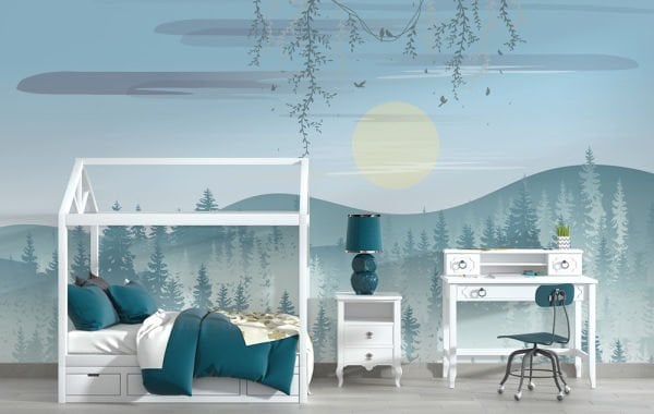 Uva Minimal Mavi Dağ Manzaralı Çocuk Duvar Kağıdı