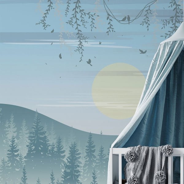 Uva Minimal Mavi Dağ Manzaralı Çocuk Duvar Kağıdı