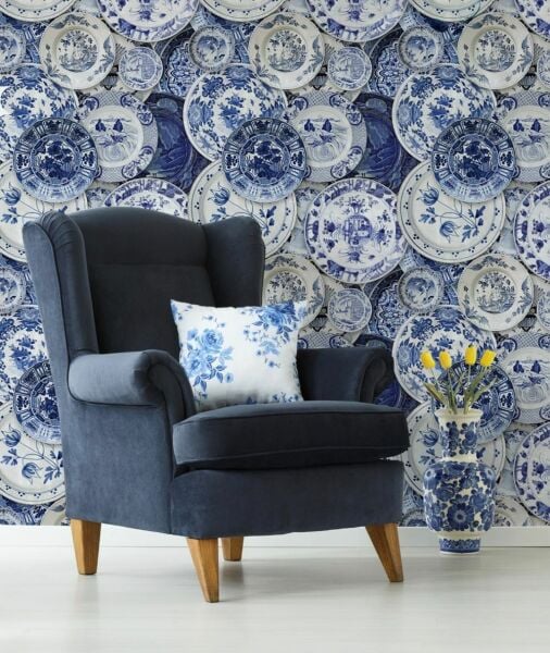 Blue Blanc Çiçek Desenli Tabaklar Duvar Kağıdı