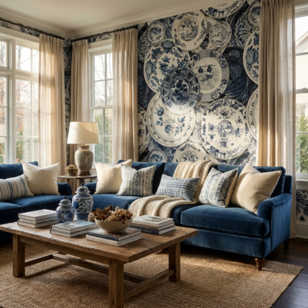 Blue Blanc Antrasit Çiçek Desenli Duvar Kağıdı