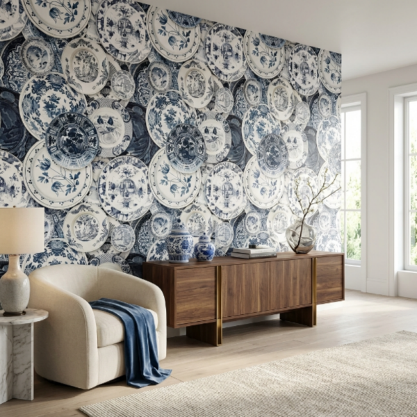 Blue Blanc Antrasit Çiçek Desenli Duvar Kağıdı