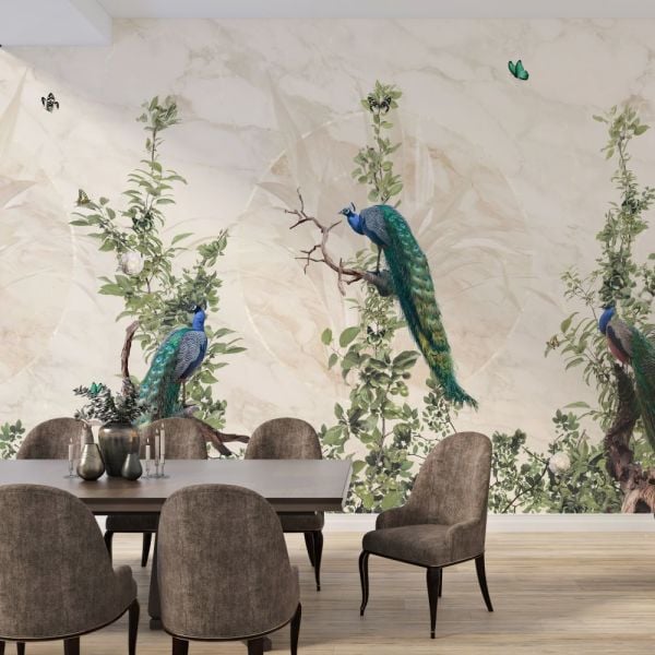 Ağaç Dallarında Tavuskuşları Tasarım Duvar Kağıdı