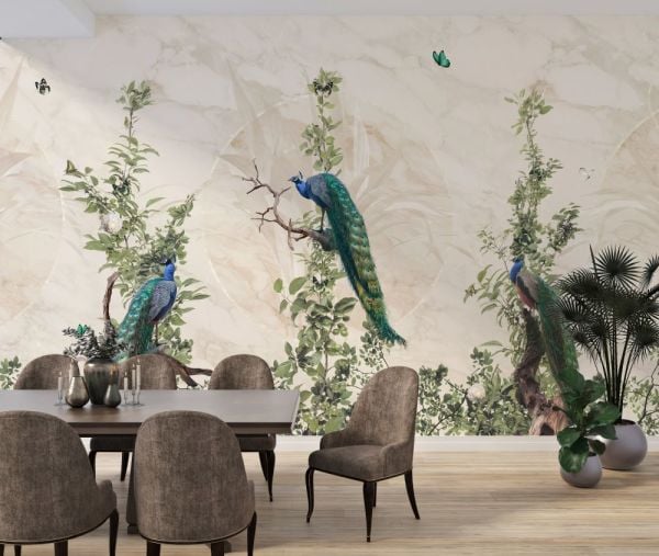 Ağaç Dallarında Tavuskuşları Tasarım Duvar Kağıdı