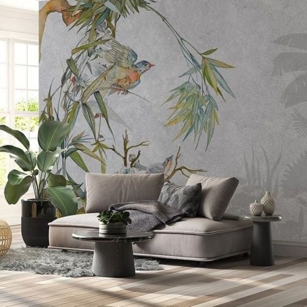 Gri Zeminde Ağaçta Serçe Kuşu Duvar Kağıdı
