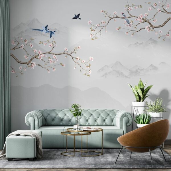 Soft Dağlar Sakura Çiçekler Kuşlar Duvar Kağıdı