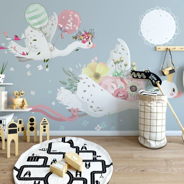 Swan Flowers Çocuk Duvar Kağıdı