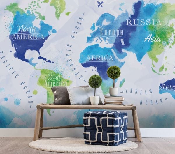 Dünya Haritası Mavi Kıtalar Duvar Kağıdı