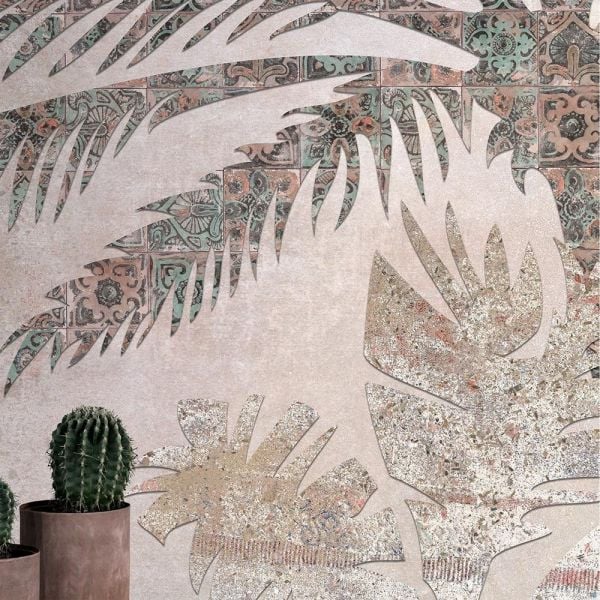 Çini Taşlardan Eskitme Palmiye Ağacı Duvar Kağıdı