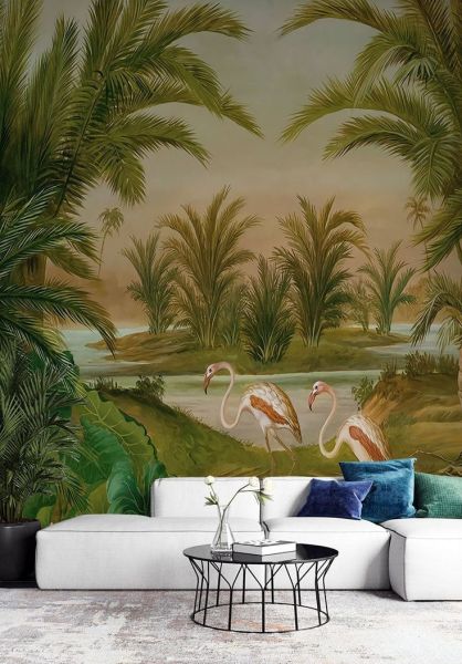 Flamingo ve Palmiye Temalı Duvar Kağıdı
