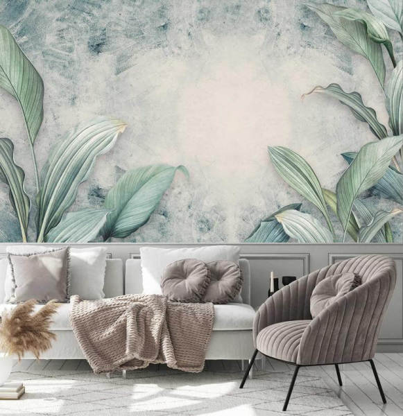 Botanik Açık Yeşil Yapraklar Bitki Tasarım Çiçekli Duvar Kağıdı