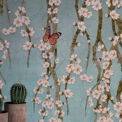 Sarmaşık Sakura Çiçekler Mavi Kelebek Duvar Kağıdı