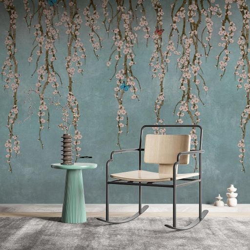 Sarmaşık Sakura Çiçekler Mavi Kelebek Duvar Kağıdı