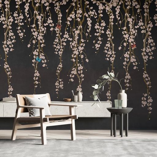 Antrasit Zeminde Sarmaşık Çiçekler Duvar Kağıdı