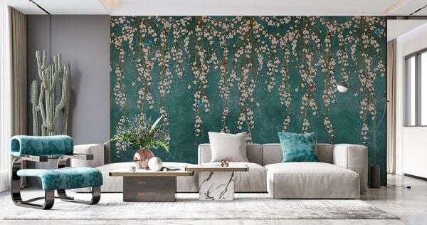 Petrol Mavi Zemin Sarmaşık Çiçekler Duvar Kağıdı