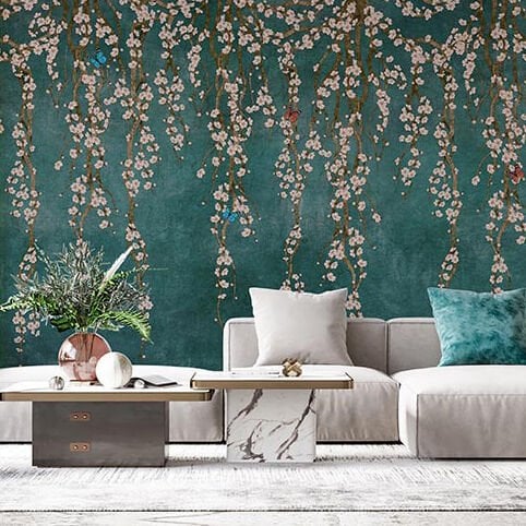 Petrol Mavi Zemin Sarmaşık Çiçekler Duvar Kağıdı
