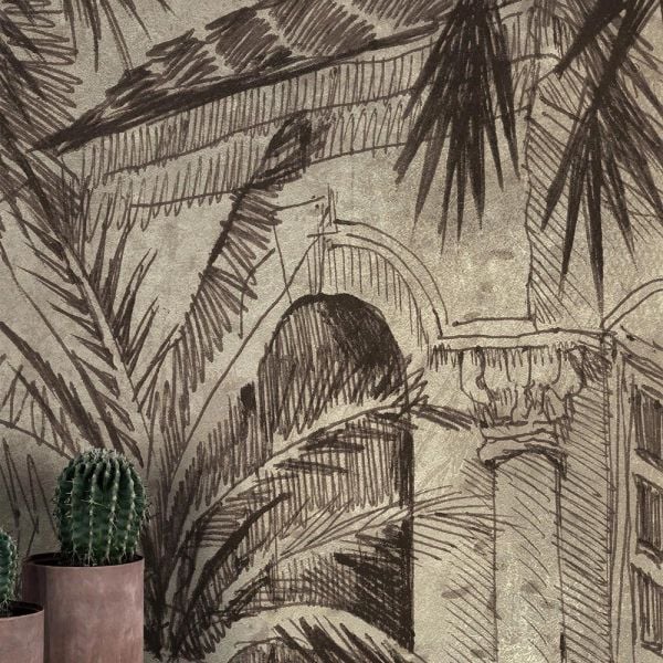 Sepya Renk Sütunlar Tropik Ağaçlar Duvar Kağıdı