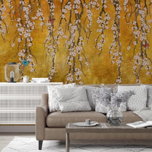 Hardal  Zeminde Sarmaşık Çiçekler Duvar Kağıdı