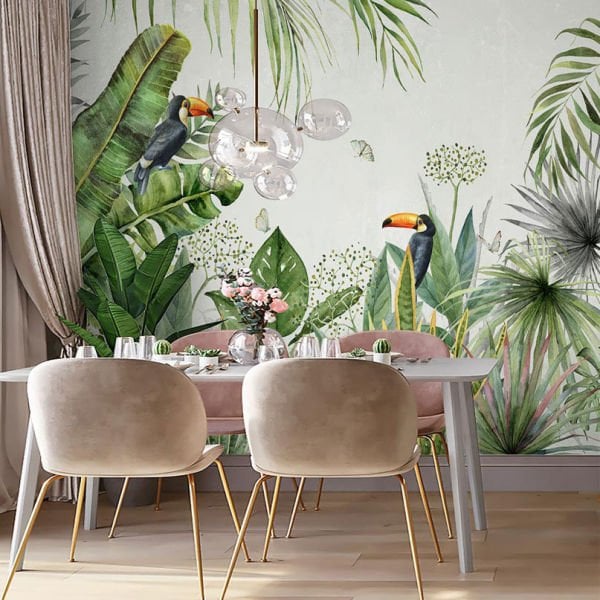 Tropik Yapraklar İçinde Egzotik Papağanlar Duvar Kağıdı
