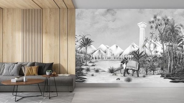 Siyah Beyaz Dağlar Fil Tasarım Duvar Kağıdı