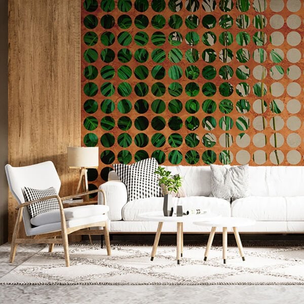 Yuvarlak Detaylı Çerçeve Arkasında Tropik Bitkiler Duvar Kağıdı