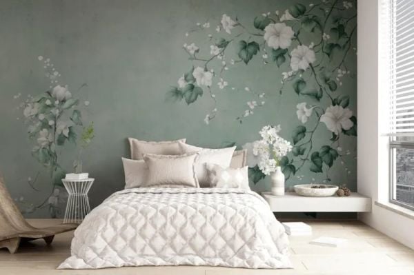 Turkuaz Soft Zemin Sarmaşık Çiçekler Duvar Kağıdı