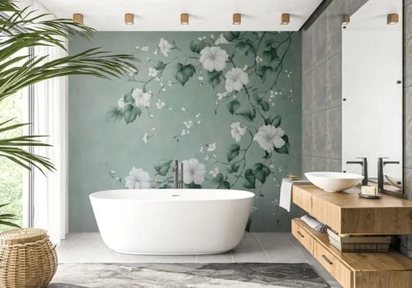 Turkuaz Soft Zemin Sarmaşık Çiçekler Duvar Kağıdı