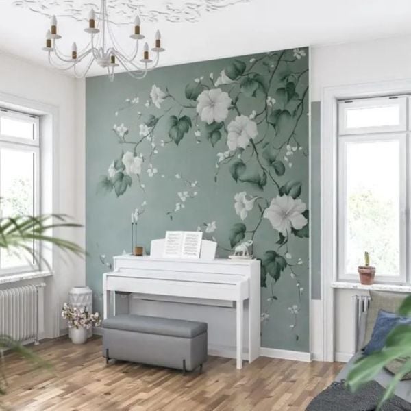 Turkuaz Soft Zemin Sarmaşık Çiçekler Duvar Kağıdı