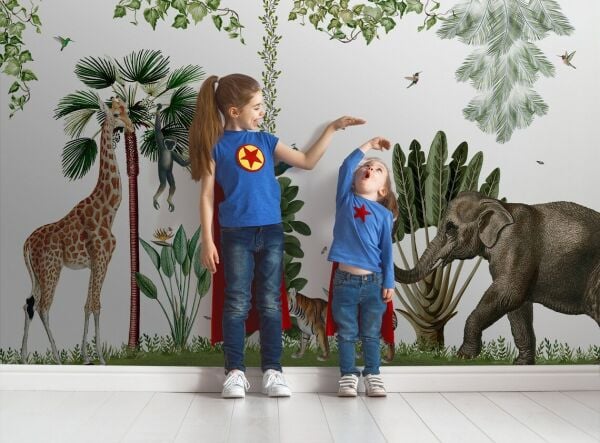 Tropikal Bitkiler Zürafa Fil ve Kuşlar Duvar Kağıdı