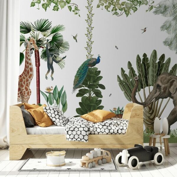 Tropikal Bitkiler Zürafa Fil ve Kuşlar Duvar Kağıdı