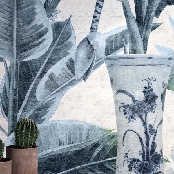 Mavi Çini Vazolar Tropik Ağaçlar Duvar Kağıdı