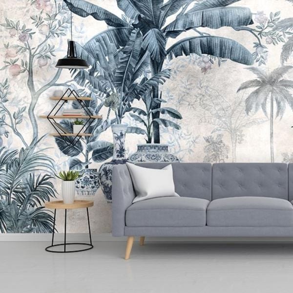 Mavi Çini Vazolar Tropik Ağaçlar Duvar Kağıdı