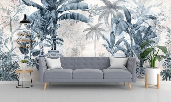 Mavi Çini Vazolar Tropik Ağaçlar Duvar Kağıdı