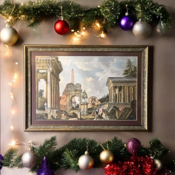 Eskitme Gold Çerçeveli Kumaş Tablo Sütunlu