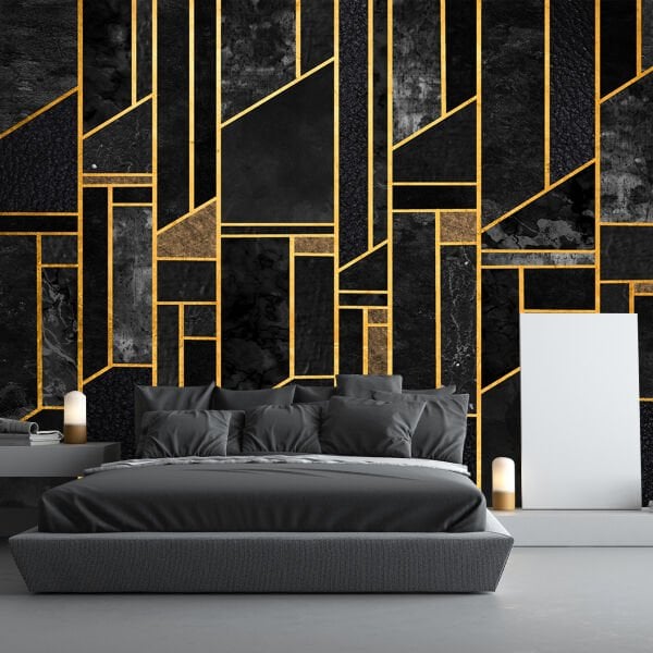 Siyah Mermer Altın Çizgiler Duvar Kağıdı