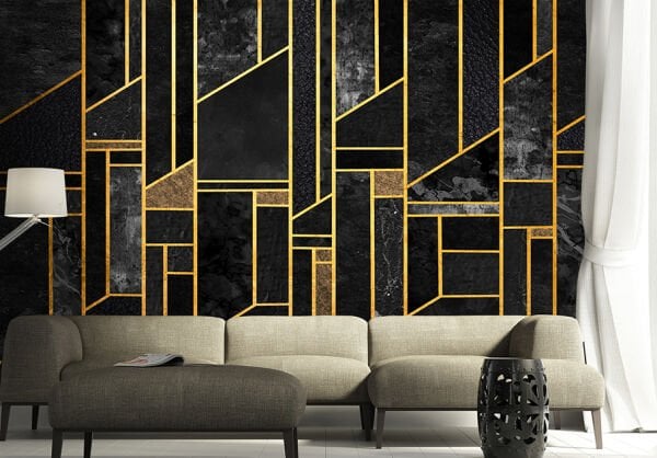 Siyah Mermer Altın Çizgiler Duvar Kağıdı