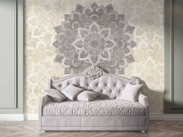 Krem Mandala Üzerinde Gri Yaşam Çiçeği Desen Duvar Kağıdı