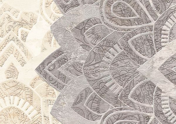 Krem Mandala Üzerinde Gri Yaşam Çiçeği Desen Duvar Kağıdı