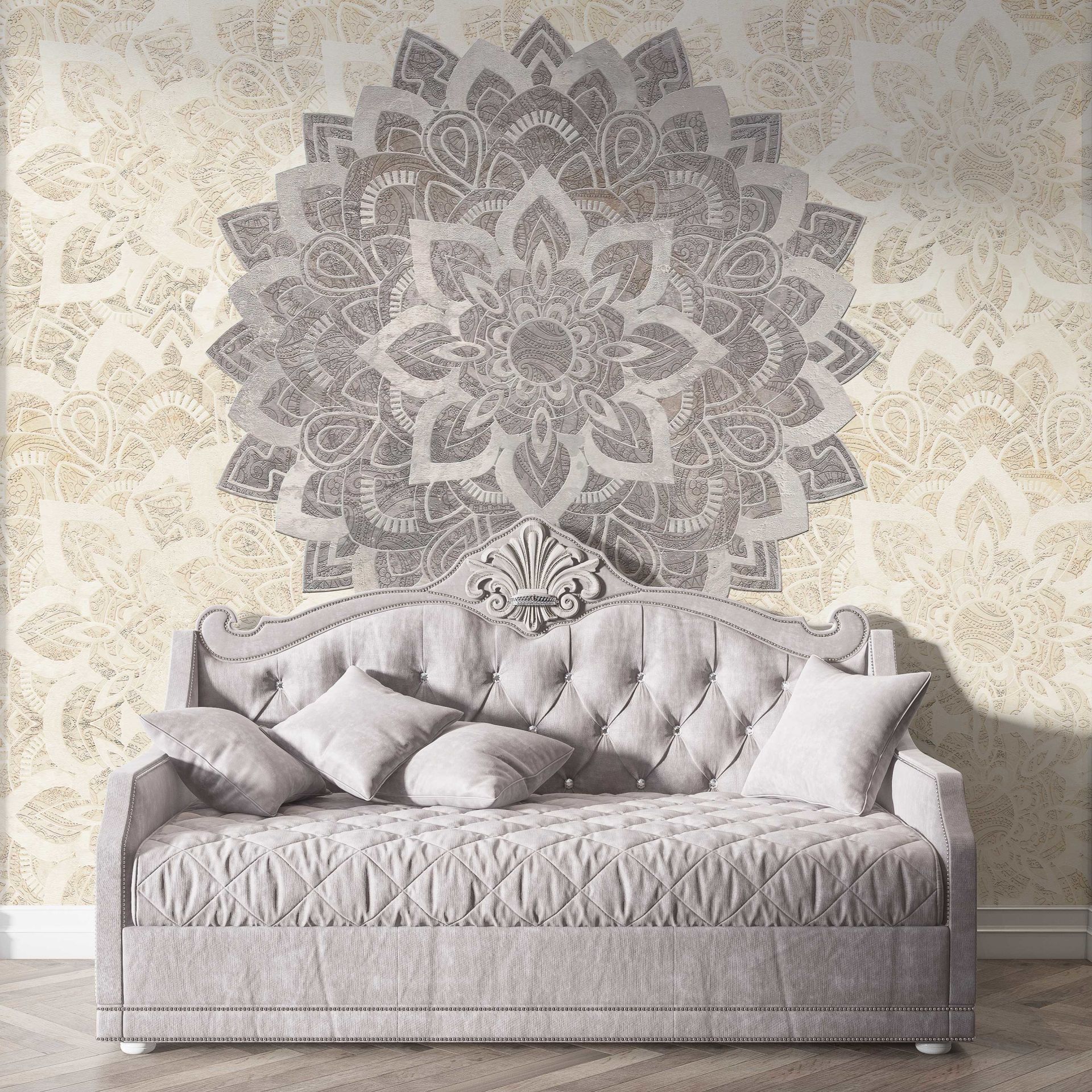 Krem Mandala Üzerinde Gri Yaşam Çiçeği Desen Duvar Kağıdı