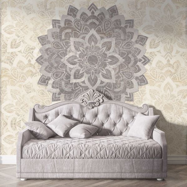 Krem Mandala Üzerinde Gri Yaşam Çiçeği Desen Duvar Kağıdı
