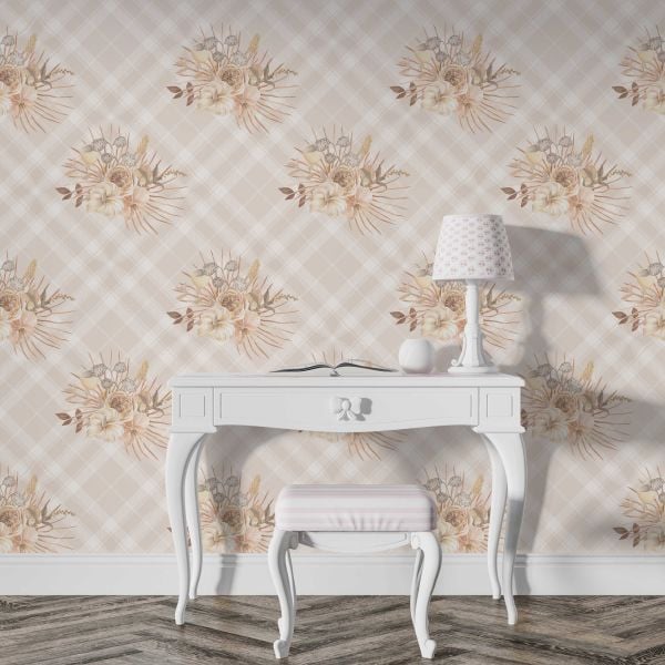 Bej Ekose Üzerine Çiçekler Duvar Kağıdı