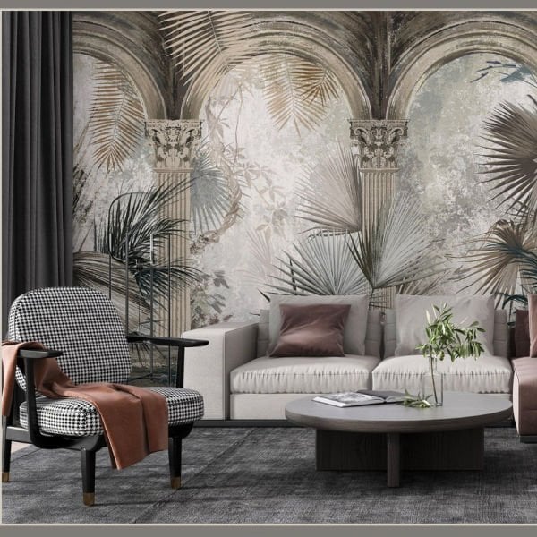 Eskitme Tasarım Kemerli Sütunlar Duvar Kağıdı