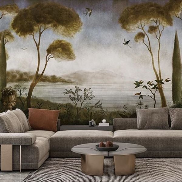 Kırlangıçlar Sepya Çam Ağaçları Sütun Duvar Kağıdı