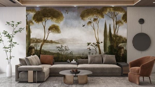 Kırlangıçlar Sepya Çam Ağaçları Sütun Duvar Kağıdı