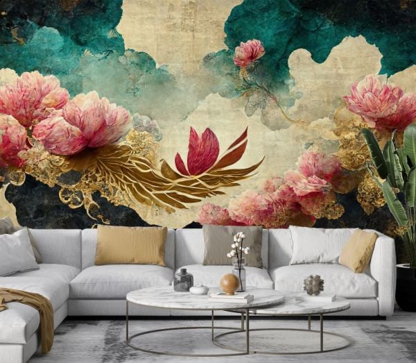 Ortanca Çiçekleri Gold Yapraklar Tasarım Duvar Kağıdı