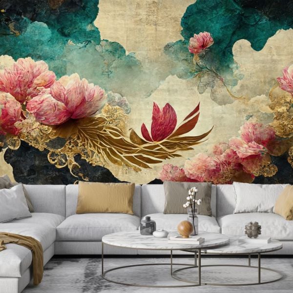 Ortanca Çiçekleri Gold Yapraklar Tasarım Duvar Kağıdı