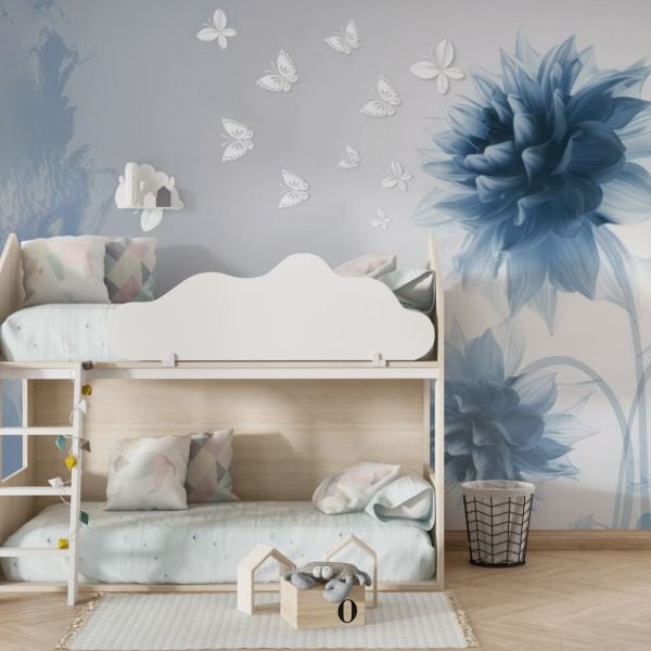 Mavi Çiçekler Beyaz Kelebekler Duvar Kağıdı