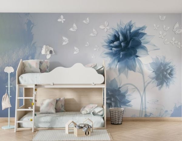 Mavi Çiçekler Beyaz Kelebekler Duvar Kağıdı