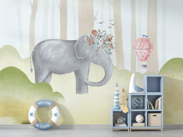 Kefaret Dizi Cansu ( Bahar Ece Yılmaz) Soft Mavi Çiçek Taçlı Fil Ve Uçan Balon Duvar Kağıdı