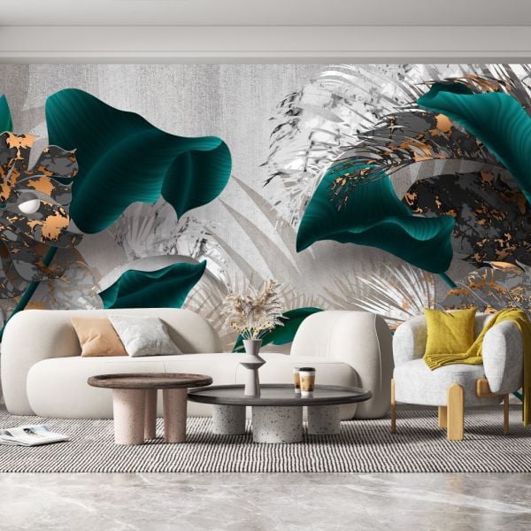 Kadife Efektli Büyük Yeşil Yapraklar Duvar Kağıdı